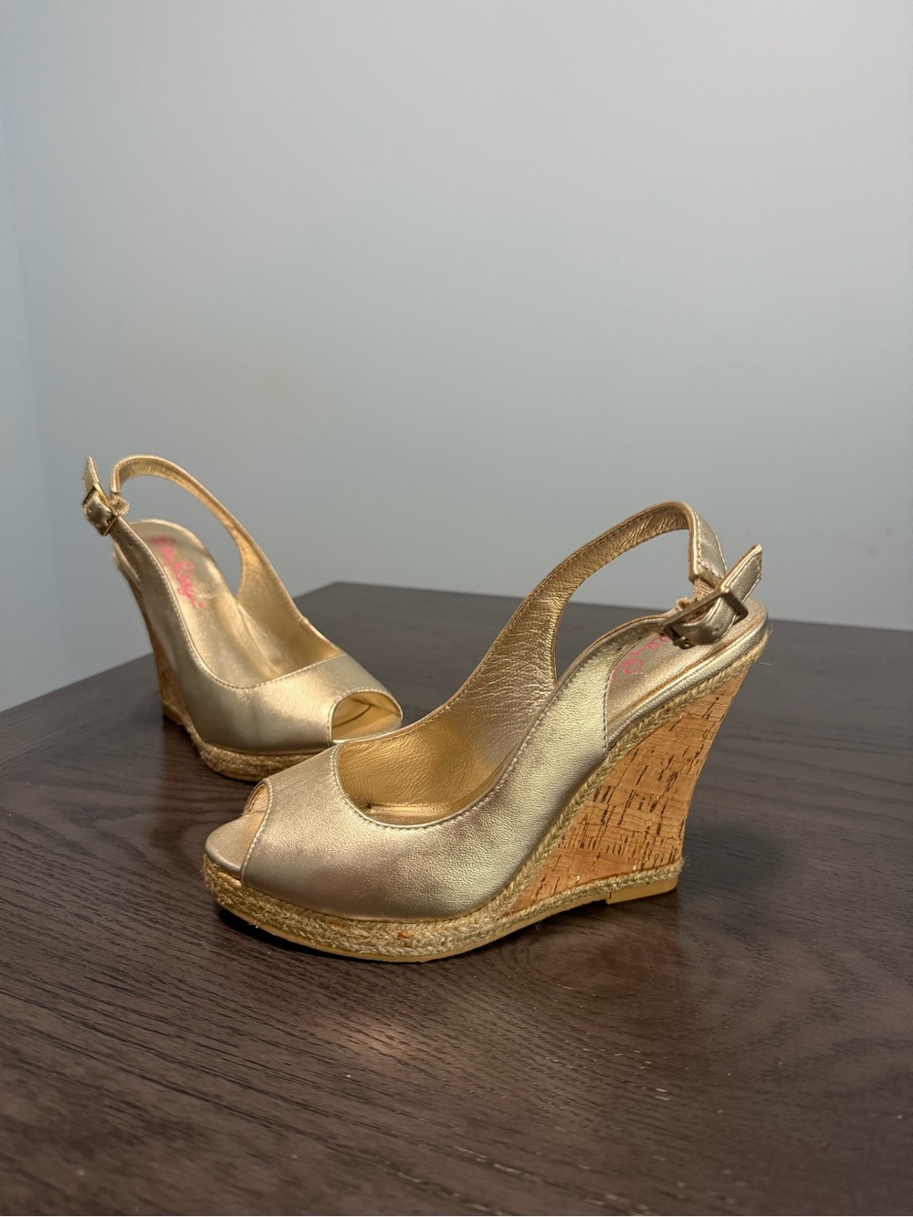 Lilly Pulitzer Gold Metallic Cork Wedge Espadrille Sandals Women’s Size 6